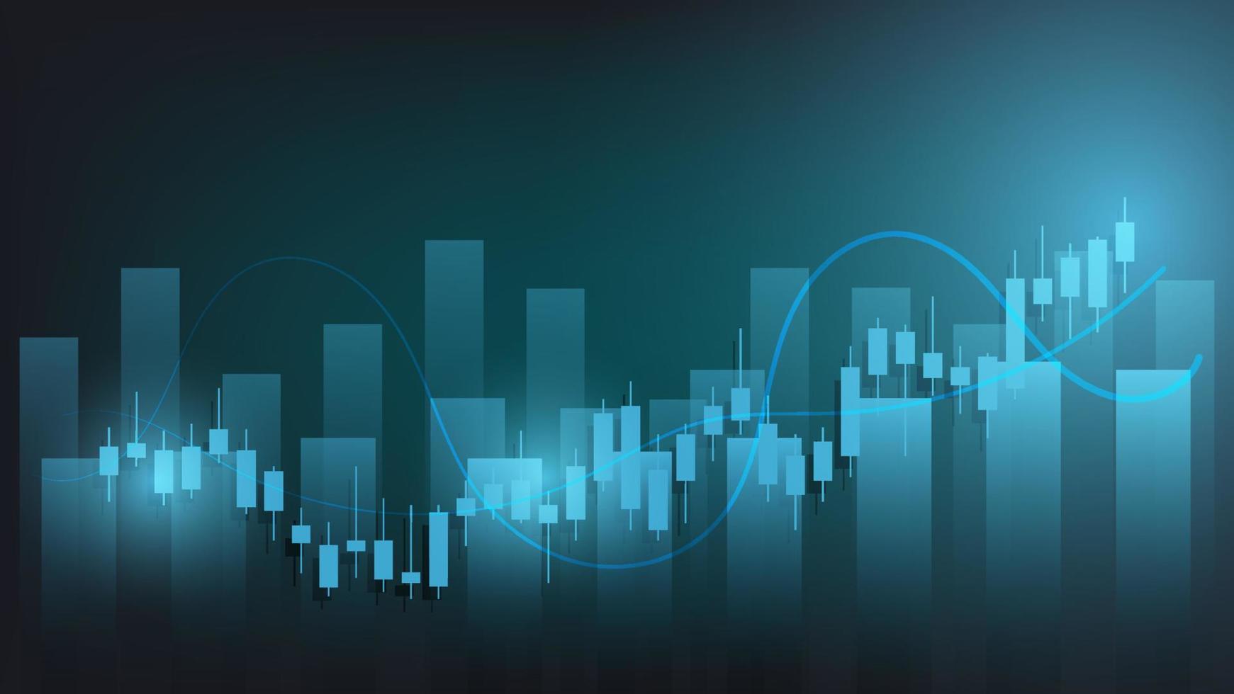 las estadísticas de negocios financieros con gráfico de barras y gráfico de velas muestran el precio del mercado de valores y el cambio de divisas en un fondo verde oscuro vector