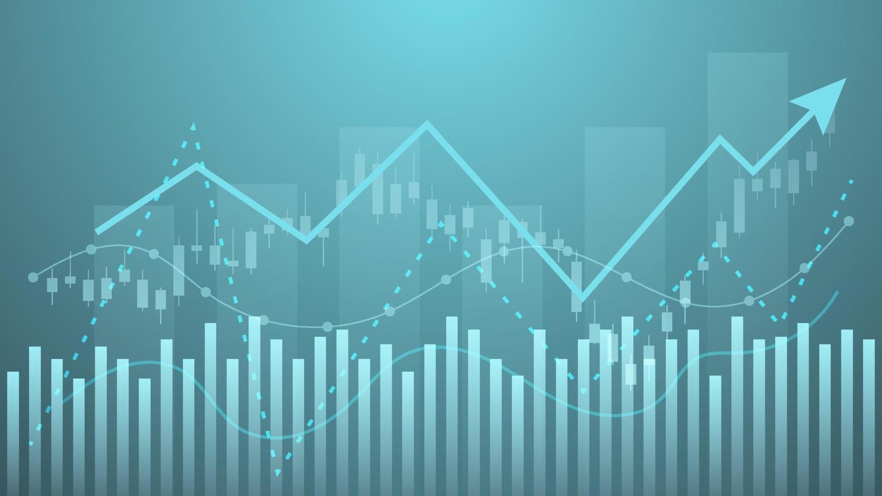 economy situation concept. Financial business statistics with bar graph and candlestick chart show stock market price and currency exchange on green background vector