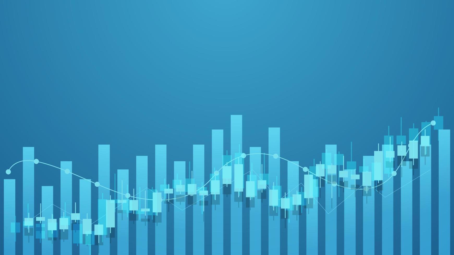 concepto de situación económica. las estadísticas de negocios financieros con gráfico de barras y gráfico de velas muestran el precio del mercado de valores y el cambio de divisas en el fondo verde vector