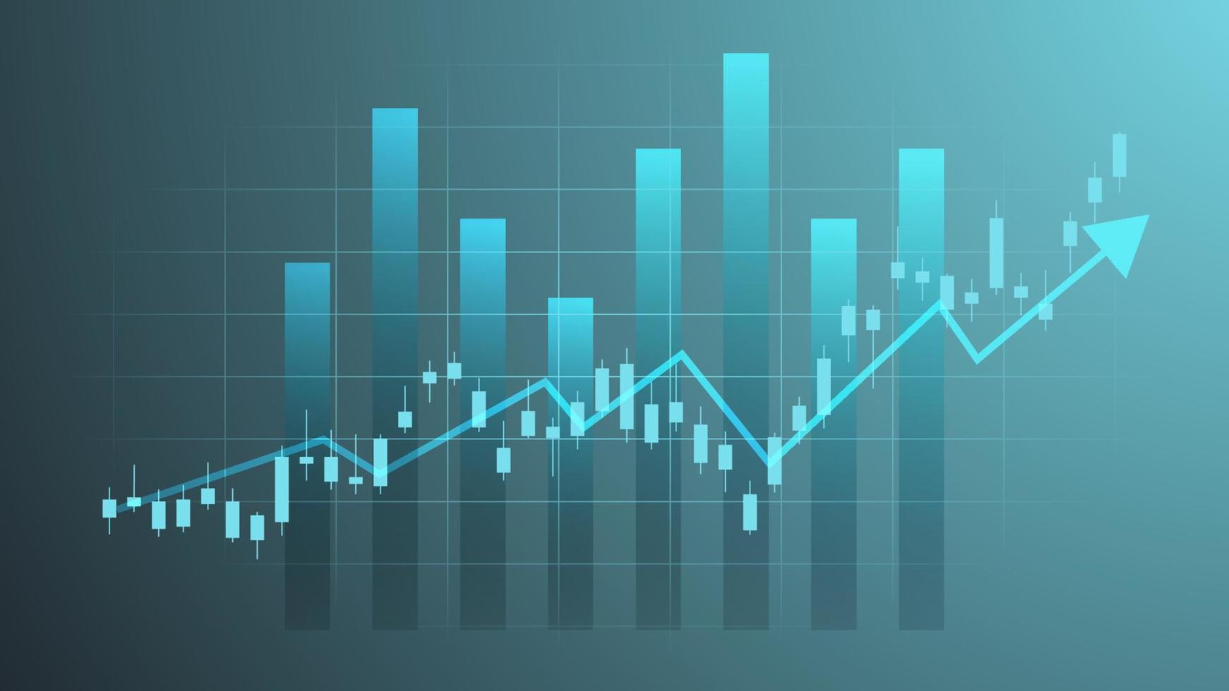 economy situation concept. Financial business statistics with bar graph and candlestick chart show stock market price and currency exchange on green background vector