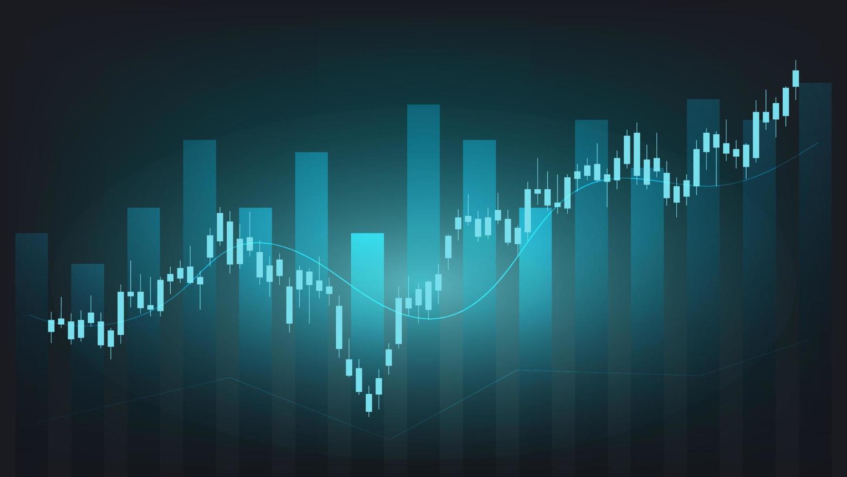 concepto de situación económica. las estadísticas de negocios financieros con gráfico de barras y gráfico de velas muestran el precio del mercado de valores y el cambio de divisas en el fondo verde vector