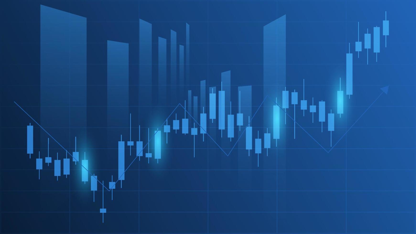 economy situation concept. Financial business statistics with bar graph and candlestick chart show stock market price and currency exchange on blue background vector