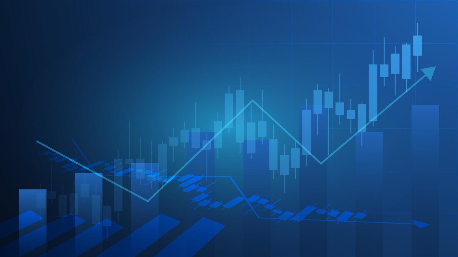 economy situation concept. Financial business statistics with bar graph and candlestick chart show stock market price and currency exchange on blue background vector