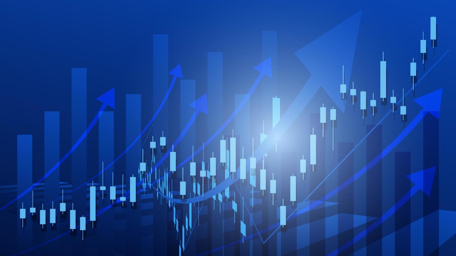 concepto de situación económica. las estadísticas de negocios financieros con gráfico de barras y gráfico de velas muestran el precio del mercado de valores y el cambio de divisas en el fondo azul vector