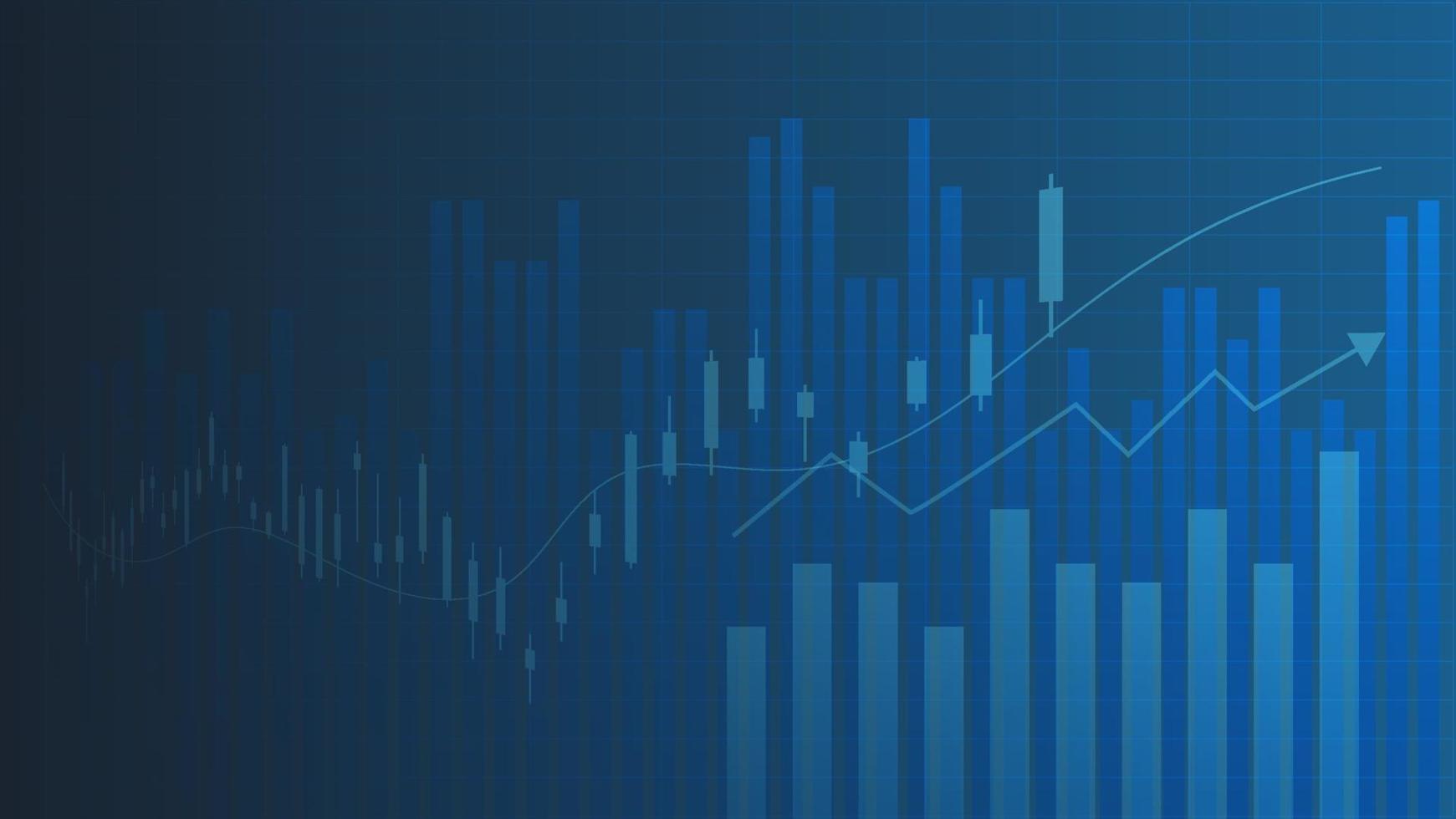 stock market and cryptocurrency trading chart concept. candlestick and bar graph with volume indicator show digital money or financial statistics and business earning management on blue background vector