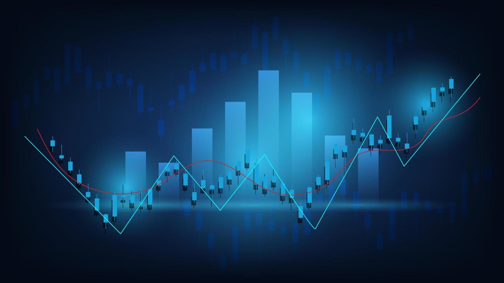 concepto de situación económica. las estadísticas de negocios financieros con gráfico de barras y gráfico de velas muestran el precio del mercado de valores y el cambio de divisas en el fondo azul vector
