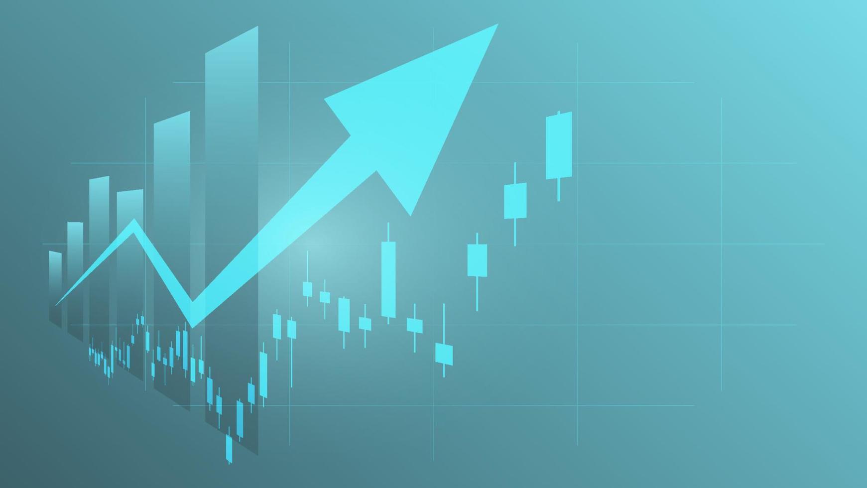 concepto de situación económica. las estadísticas de negocios financieros con gráfico de barras y gráfico de velas muestran el precio del mercado de valores y el cambio de divisas en el fondo verde vector