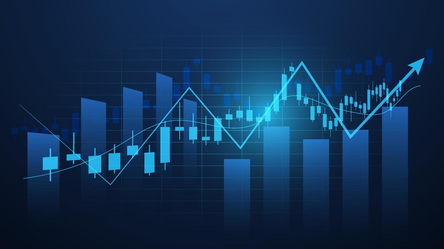 economy situation concept. Financial business statistics with bar graph and candlestick chart show stock market price and currency exchange on blue background vector