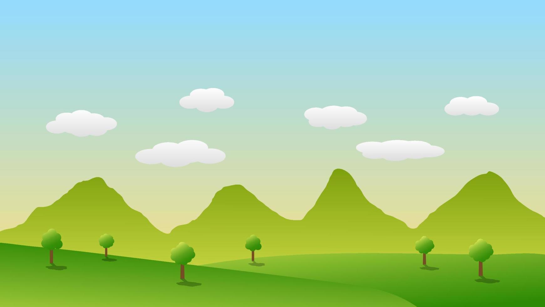 landscape cartoon scene with green trees on hills and white fluffy cloud in summer blue sky background vector