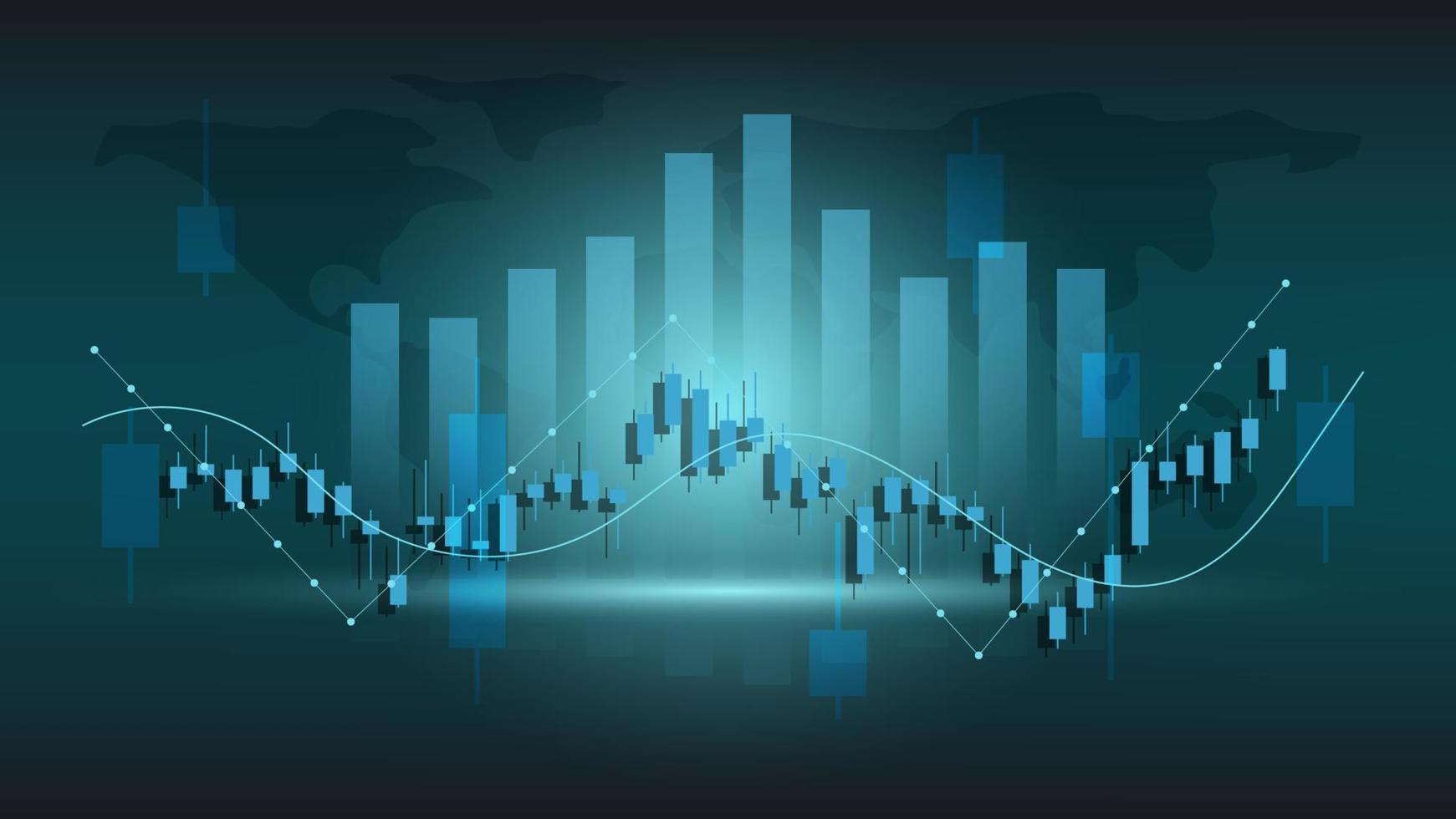 Financial business statistics with bar graph and candlestick chart show stock market price and currency exchange on dark green background vector