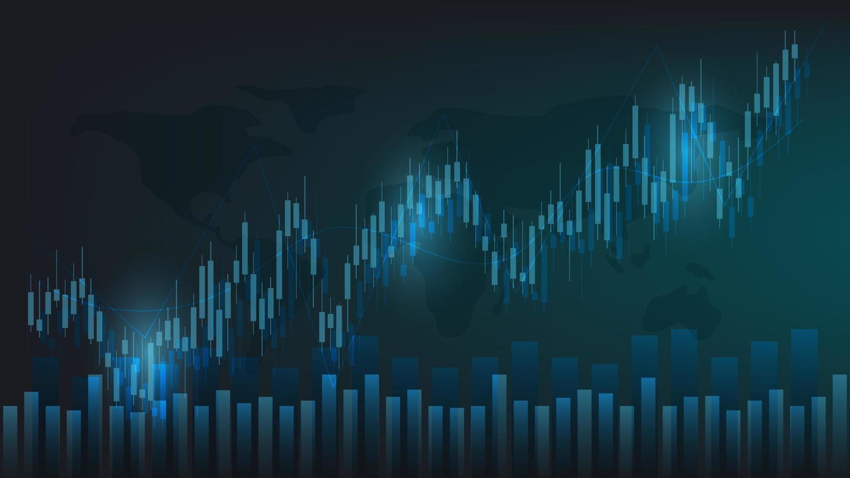 las estadísticas de negocios financieros con gráfico de barras y gráfico de velas muestran el precio del mercado de valores y el cambio de divisas en un fondo verde oscuro vector