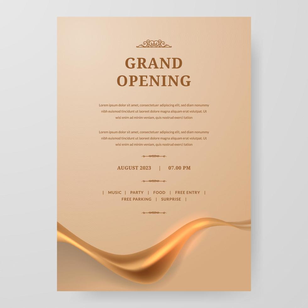 Grand Opening poster celebration with golden fabric satin gold silk ribbon element decoration for luxury elegant vip with golden background vector