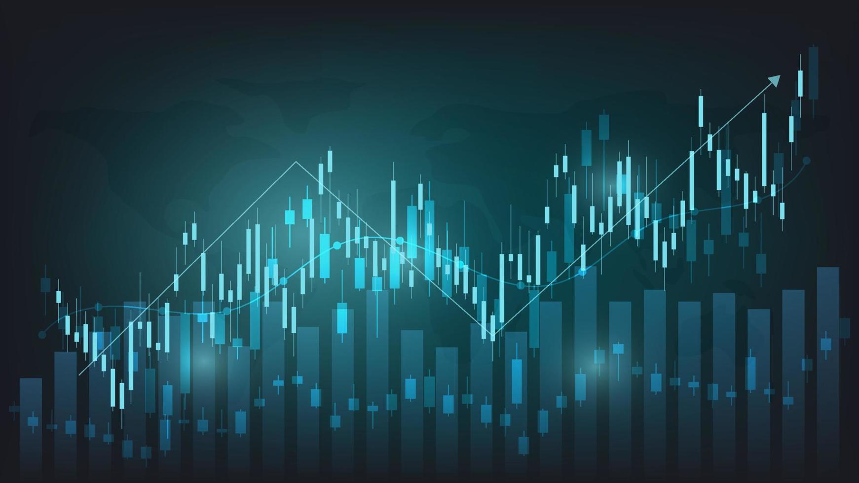 las estadísticas de negocios financieros con gráfico de barras y gráfico de velas muestran el precio del mercado de valores y el cambio de divisas en un fondo verde oscuro vector