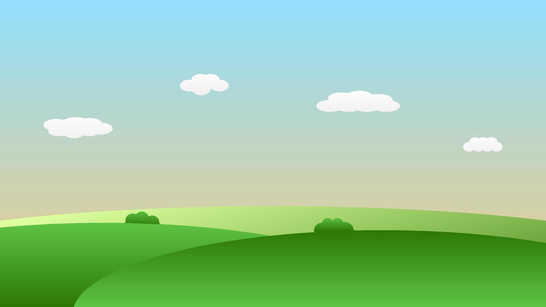 escena de dibujos animados de paisaje con árboles verdes en las colinas y nubes blancas esponjosas en el fondo del cielo azul de verano vector