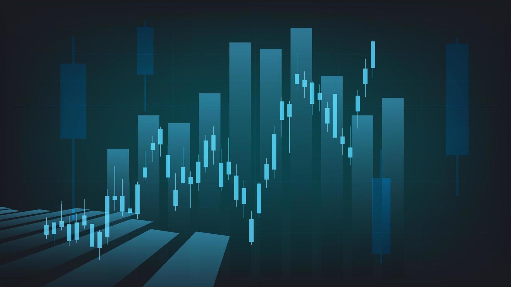las estadísticas de negocios financieros con gráfico de barras y gráfico de velas muestran el precio del mercado de valores y el cambio de divisas en un fondo verde oscuro vector