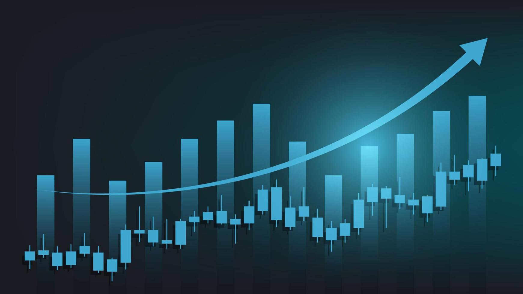 las estadísticas de negocios financieros con gráfico de barras y gráfico de velas muestran el precio del mercado de valores y el cambio de divisas en un fondo verde oscuro vector