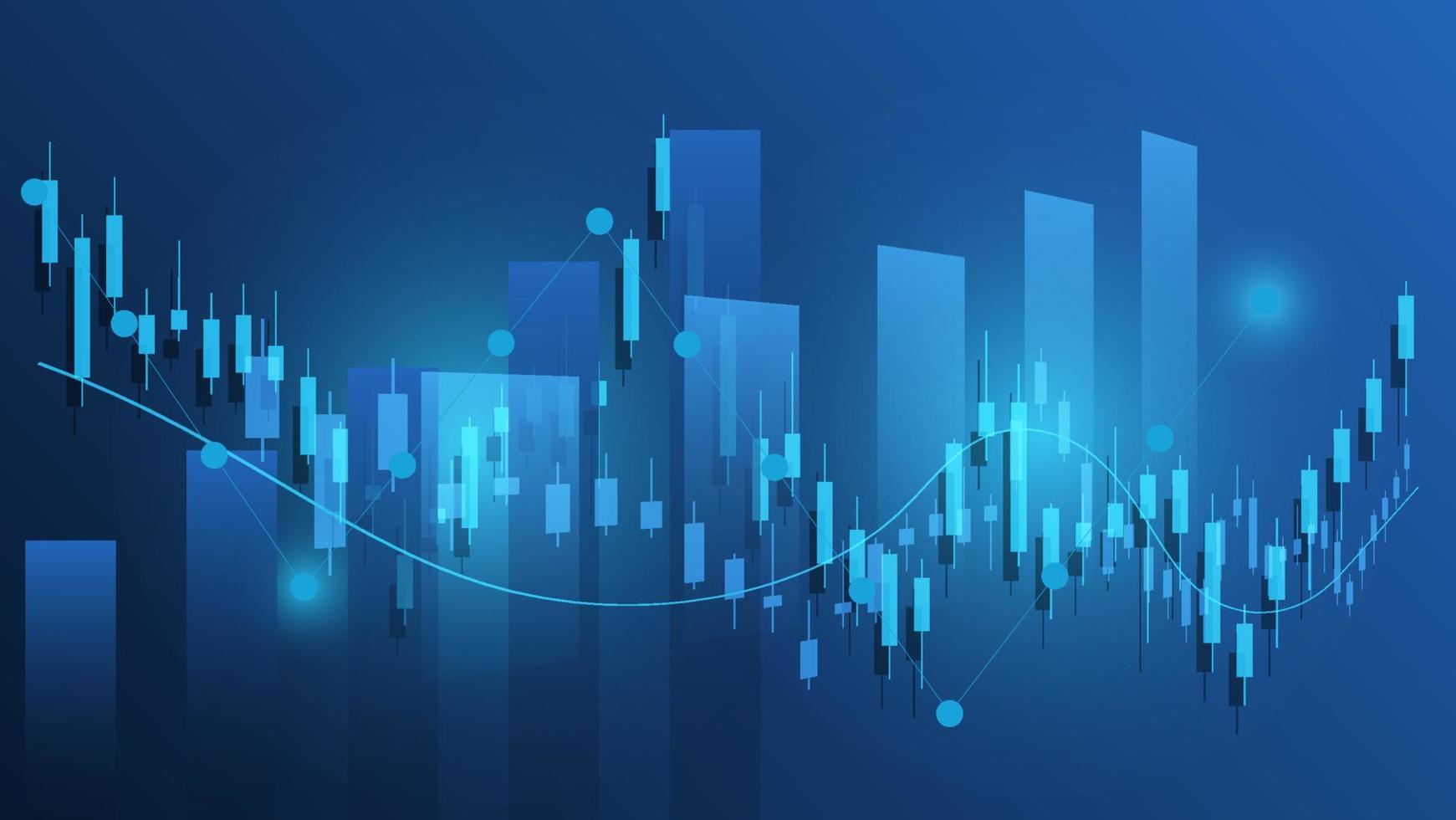 economy situation concept. Financial business statistics with bar graph and candlestick chart show stock market price and currency exchange on blue background vector