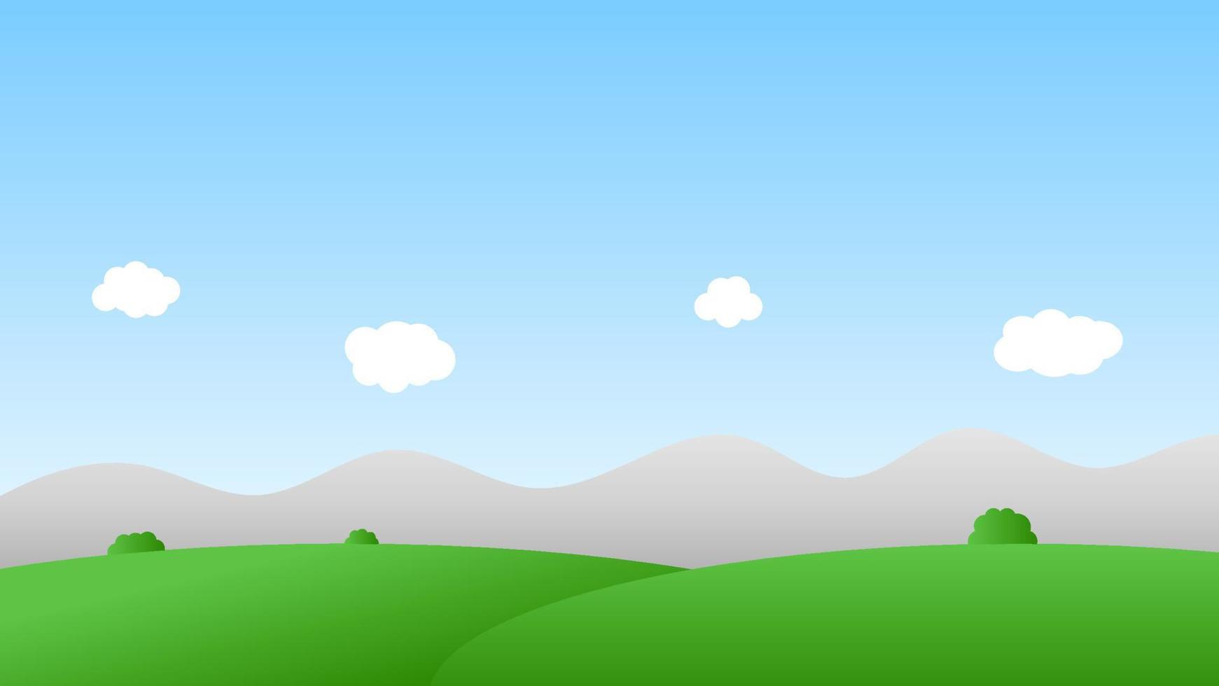 landscape cartoon scene with green trees on hills and white fluffy cloud in summer blue sky background vector