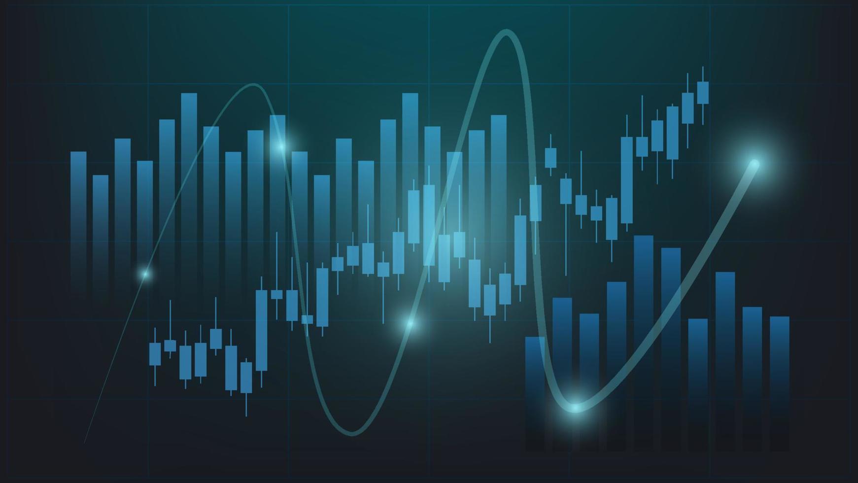 Financial business statistics with bar graph and candlestick chart show stock market price and currency exchange on dark green background vector