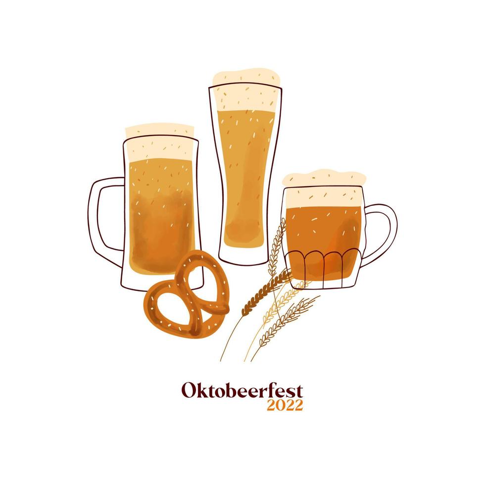 ilustración de octobeerfest con jarras de cerveza estilizadas y bocadillos de pretzel aislados en fondo blanco vector