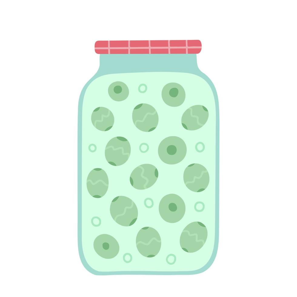 aceitunas en escabeche, aceitunas enlatadas en tarro. ilustración para impresión, fondos, cubiertas y embalaje. la imagen se puede utilizar para tarjetas de felicitación, carteles y textiles. aislado sobre fondo blanco. vector