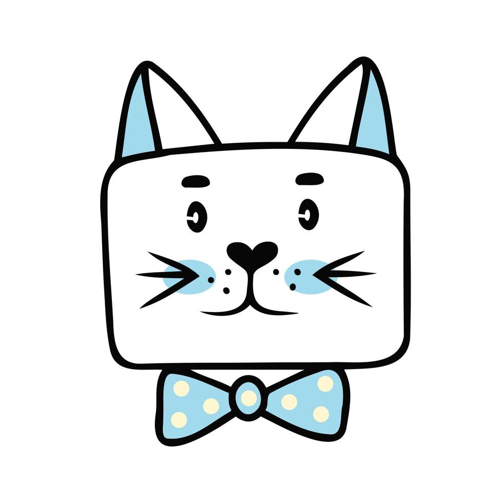 Cute cat face with a bow, boy. Illustration for printing, backgrounds, covers and packaging. Image can be used for greeting cards, posters, stickers and textile. Isolated on white background. vector