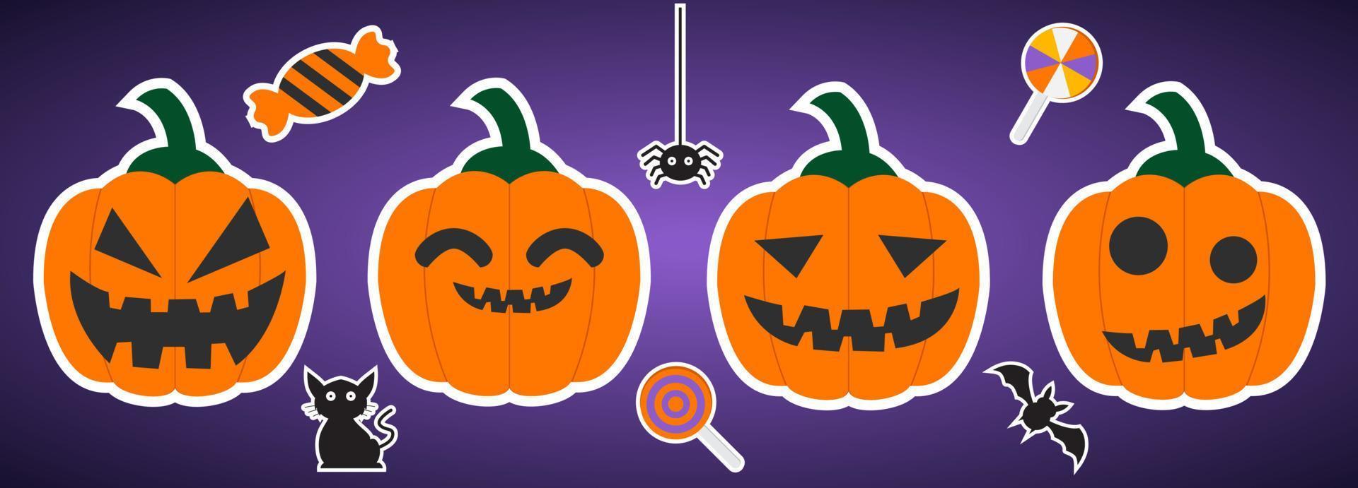 conjunto de elementos de calabaza de halloween. Ilustración de vector de señal de pegatina de fiesta de haloween. colección de iconos de helloween con calabaza. concepto de dibujos animados plana