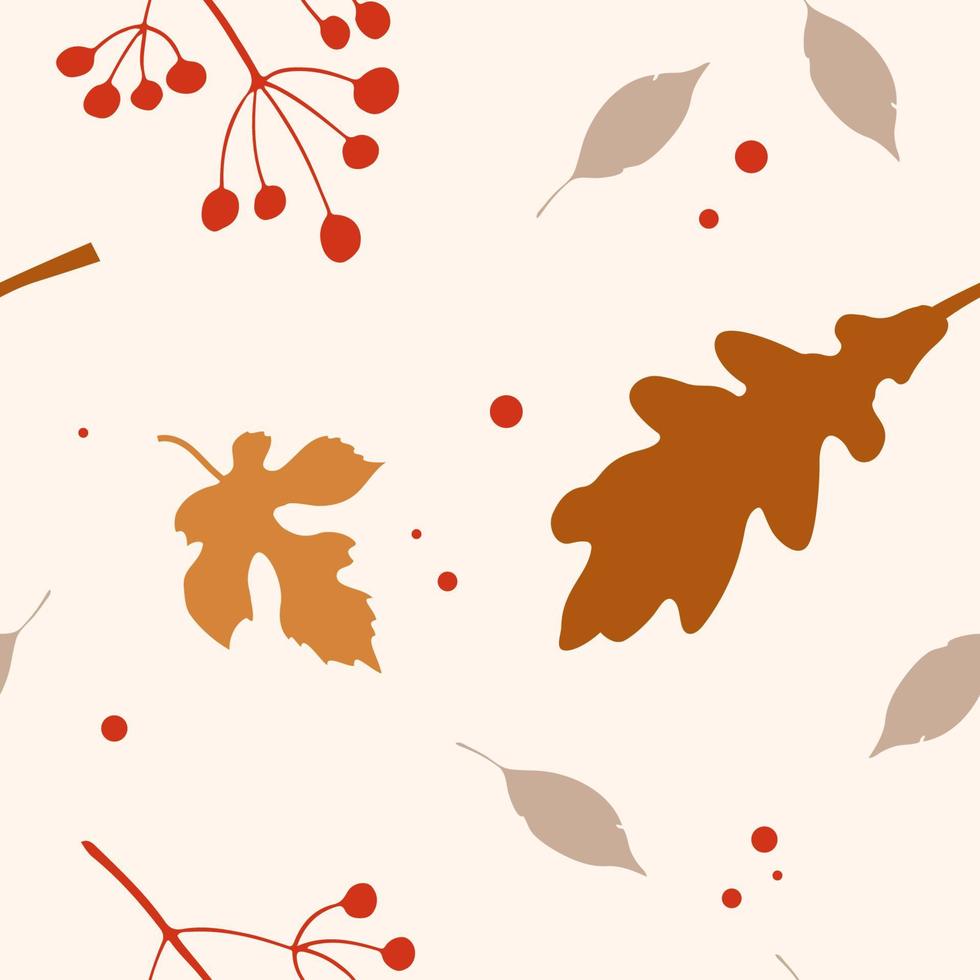 Autumn abstract seamless pattern in modern hipster style. Autumn leaves, berries, spots. Trendy modern art with autumn elements. Vector illustration