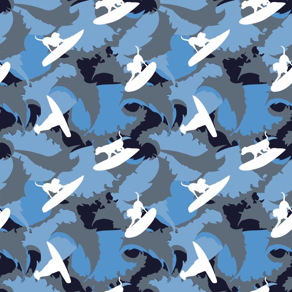 Dog surfing camouflage seamless repeat pattern vector