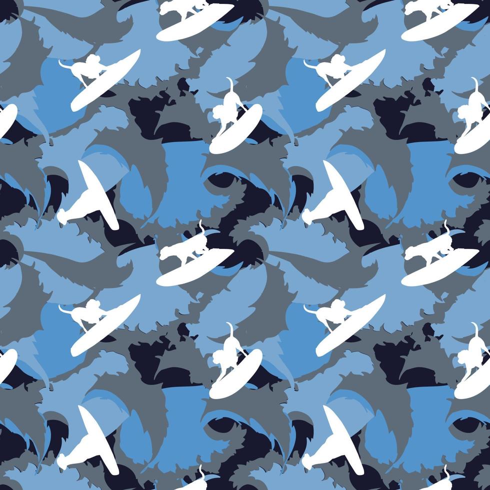 Dog surfing camouflage seamless repeat pattern vector