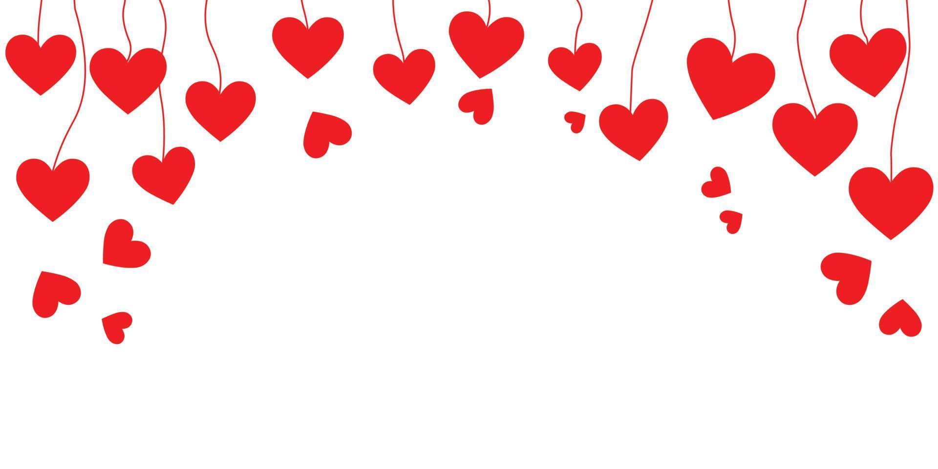 fondo blanco con una guirnalda de corazones rojos. banner web de héroe con decoración de corazones de papel colgantes. decorativo de corazones. pancarta panorámica de corazones caídos. vector