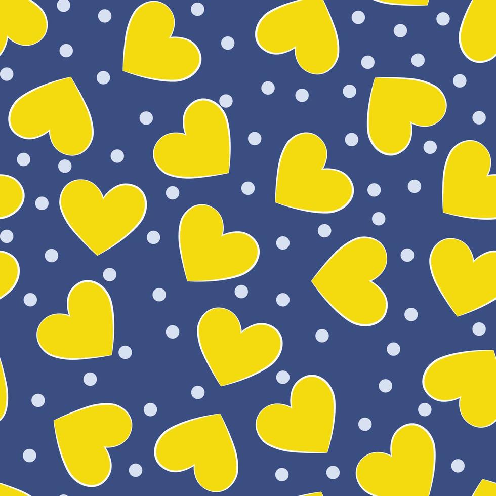 patrón lindo con corazones amarillos en colores azules y puntos blancos. patrón de día de san valentín sin costuras. vector