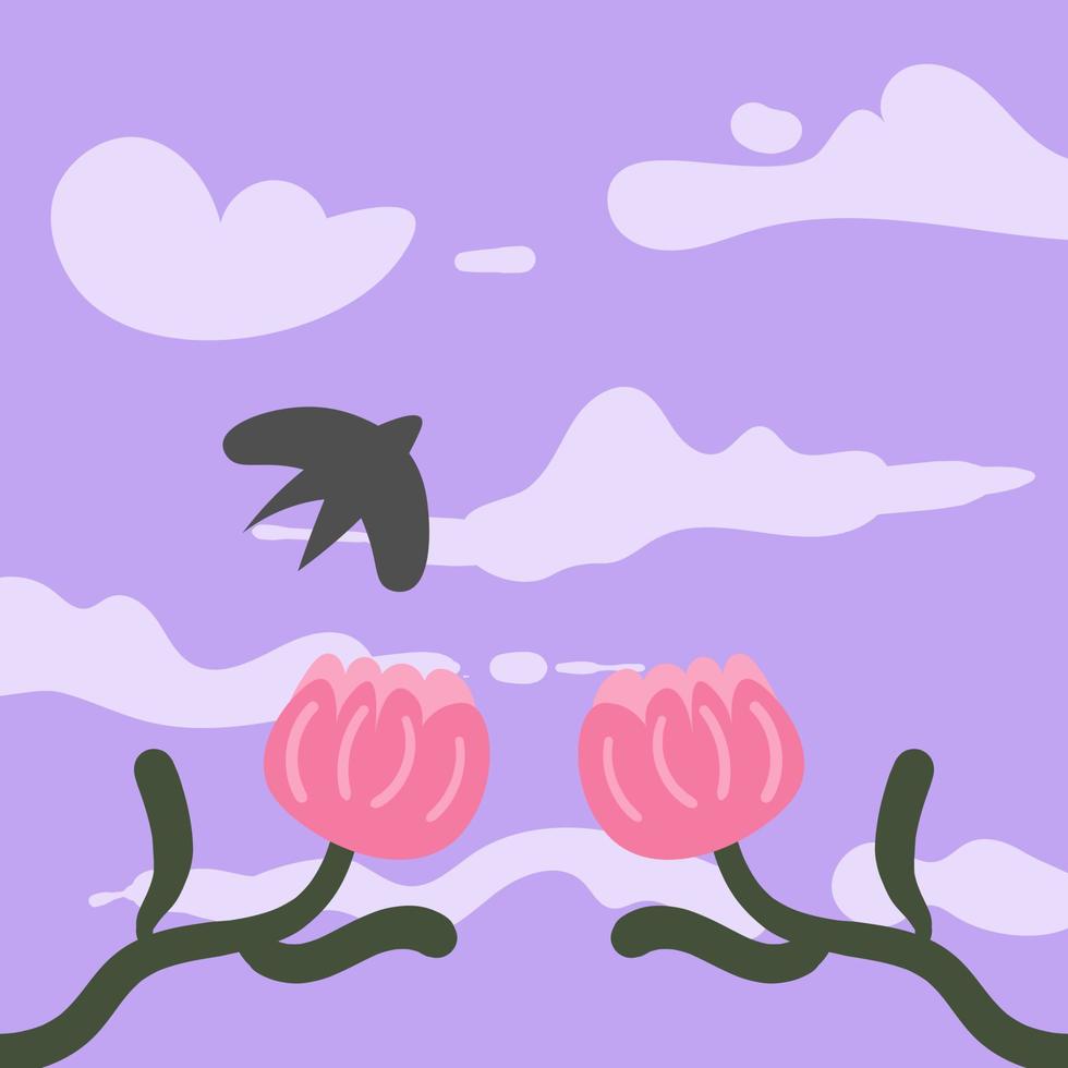 Plant and Flower and Sky Landscape Flat Illustration vector