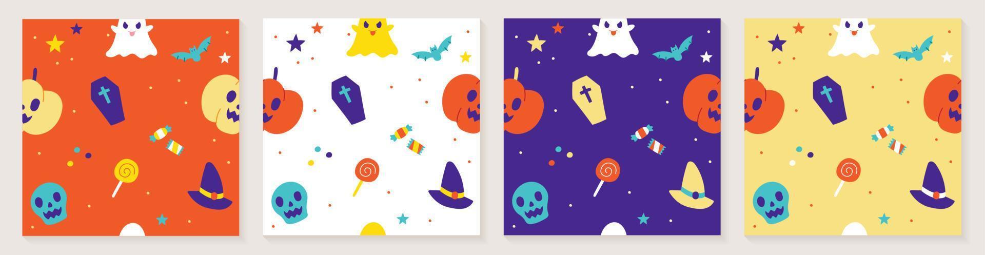 lindo feliz halloween dibujos animados de patrones sin fisuras vector violeta fondo fantasma, cráneo, calabaza, jack o linterna, murciélago, gato negro, telaraña, candelabro, piruleta de caramelo, ataúd, sombrero de bruja, abucheo, conjunto de luna