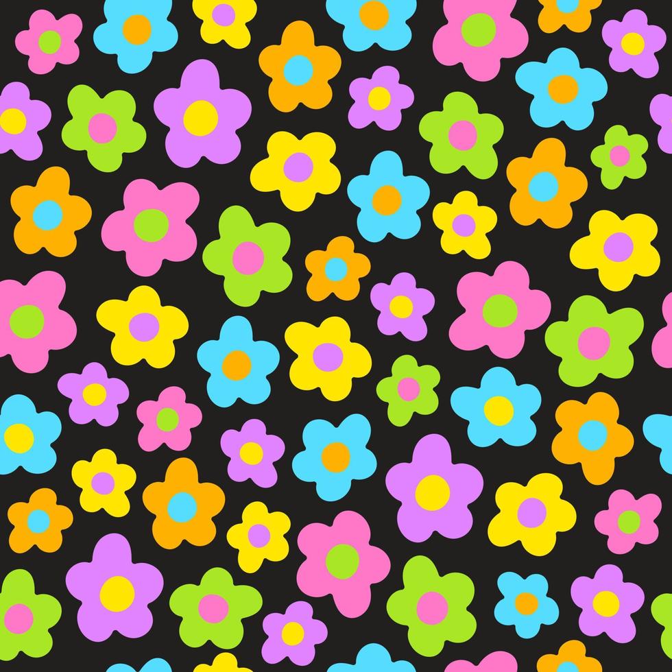 Cute Beautiful Ditsy Flowers Repeating Colorful Neon Floral Hand drawn Illustration Vector Seamless Pattern Texture Textile Fabric Print Black Background paper, cover, fabric, interior decor