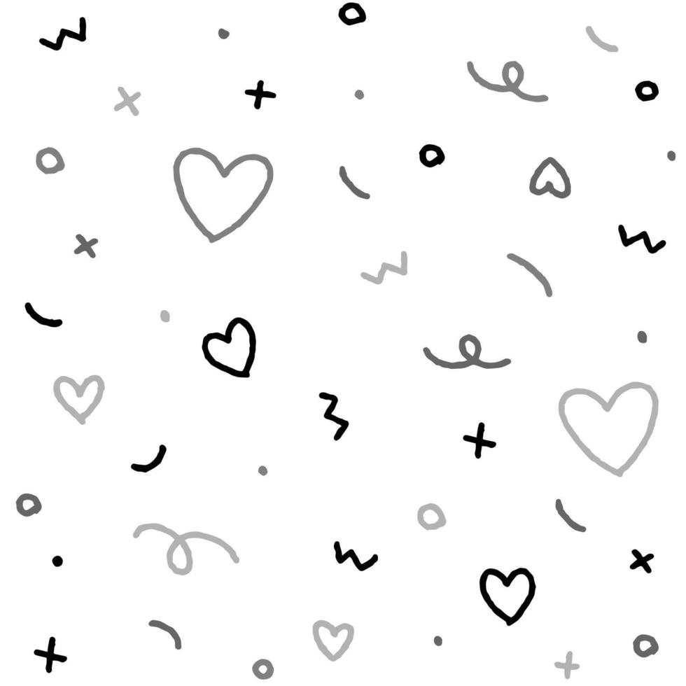 Cute Abstract Confetti Sprinkle Sparkle Shine Shape Form Small Polkadot dot Line Outline Mini Heart Abstract Black White Grey BW Seamless Pattern White Background vector