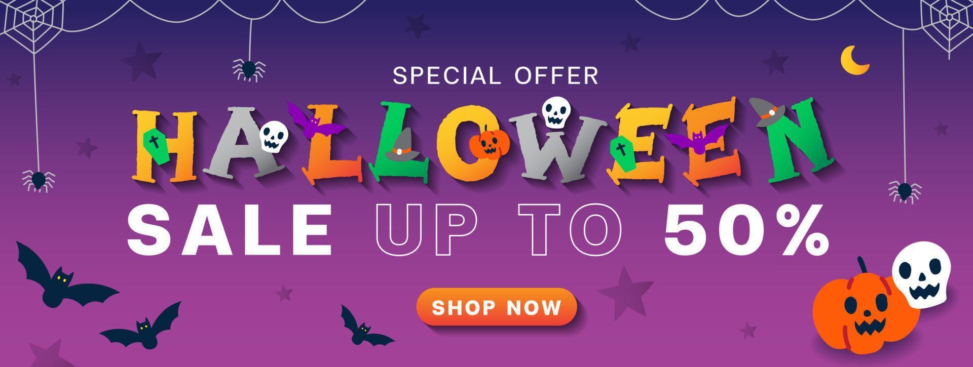 Cute advertising Halloween cartoon online marketing promotion sale up to 50 web banner invitation card vector violet background ghost, skull, pumpkin, jack o lantern, bat, spider web shop now button