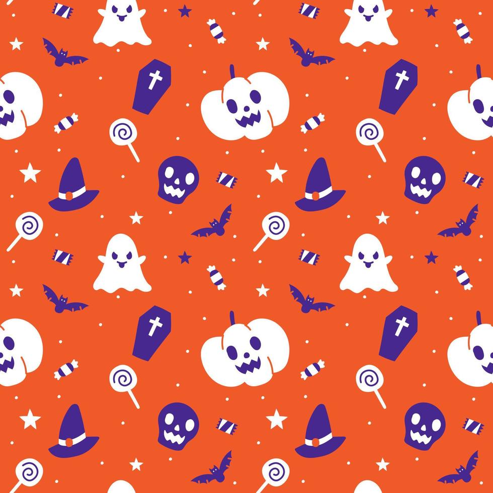 Cute Happy Halloween cartoon seamless pattern vector orange violet background ghost, skull, pumpkin, jack o lantern, bat, black cat, spider web, candlestick, lollipop candy, coffin, witch hat, boo