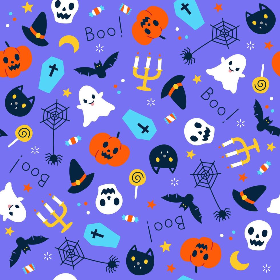 lindo feliz halloween dibujos animados de patrones sin fisuras vector violeta fondo fantasma, cráneo, calabaza, jack o linterna, murciélago, gato negro, telaraña, candelabro, piruleta de caramelo, ataúd, sombrero de bruja, abucheo, luna