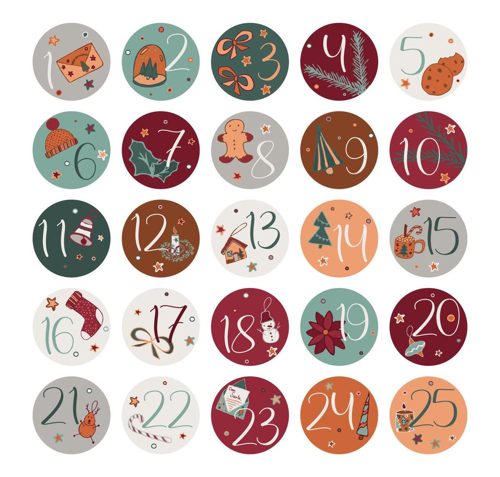 Christmas count down sticker set with numbers from 1 to 25. Advent calendar idea to print and cut. Winter gift tag labels vector