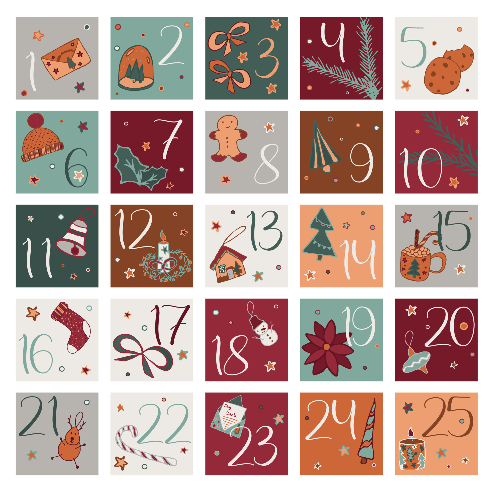 Square Christmas advent calendar stickers ready to print. Gift box tags
