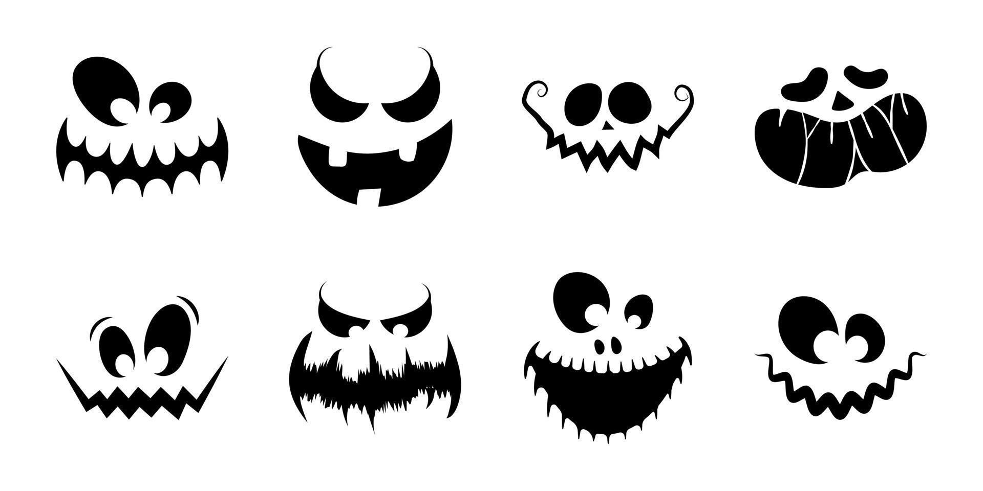 caras aterradoras y divertidas de calabazas o fantasmas de halloween. elementos y objetos de halloween para proyectos de diseño. vector