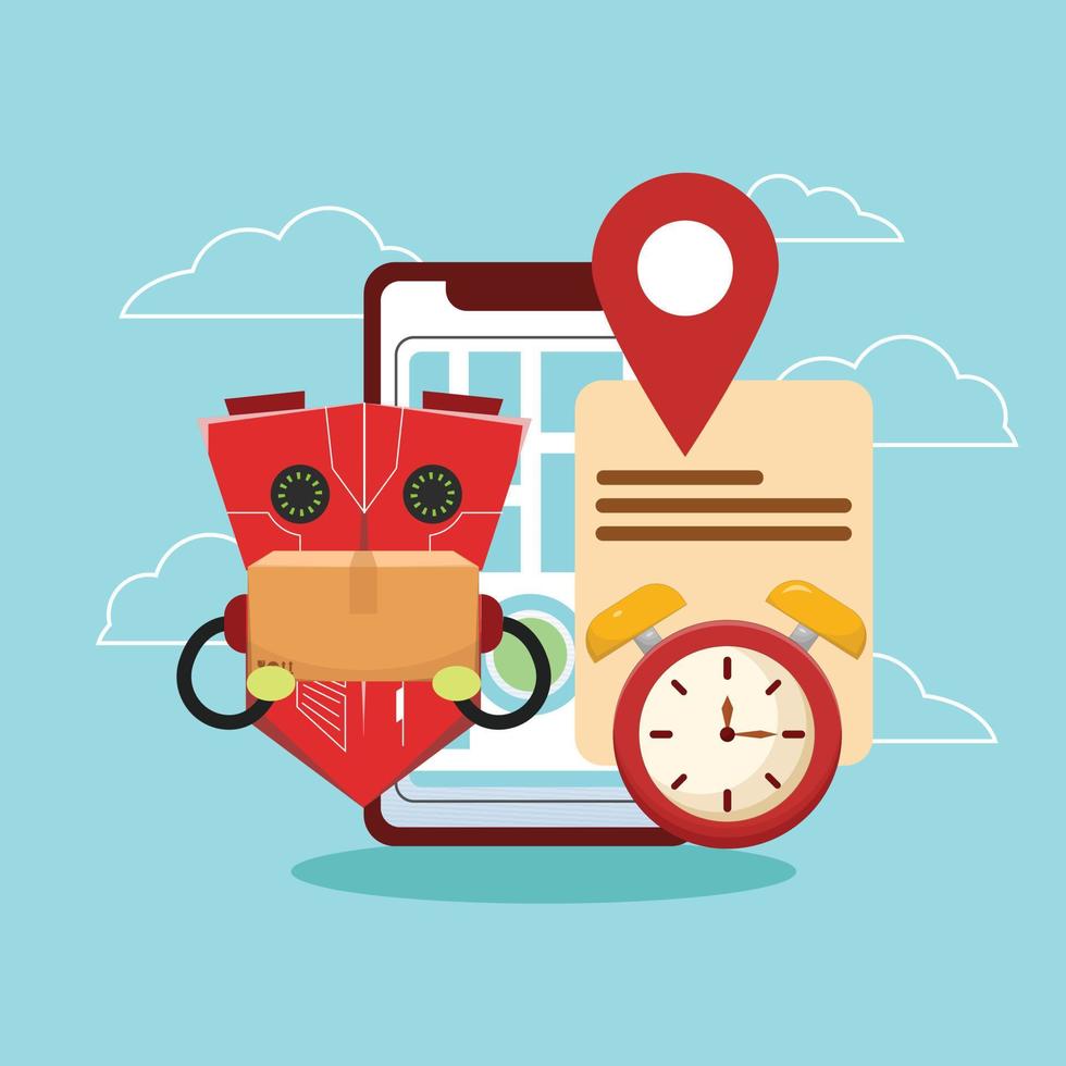 Delivery Robot Application in Flat Design. Robot Holding Cardboard Box with Pin Map and Alarm Clock. vector