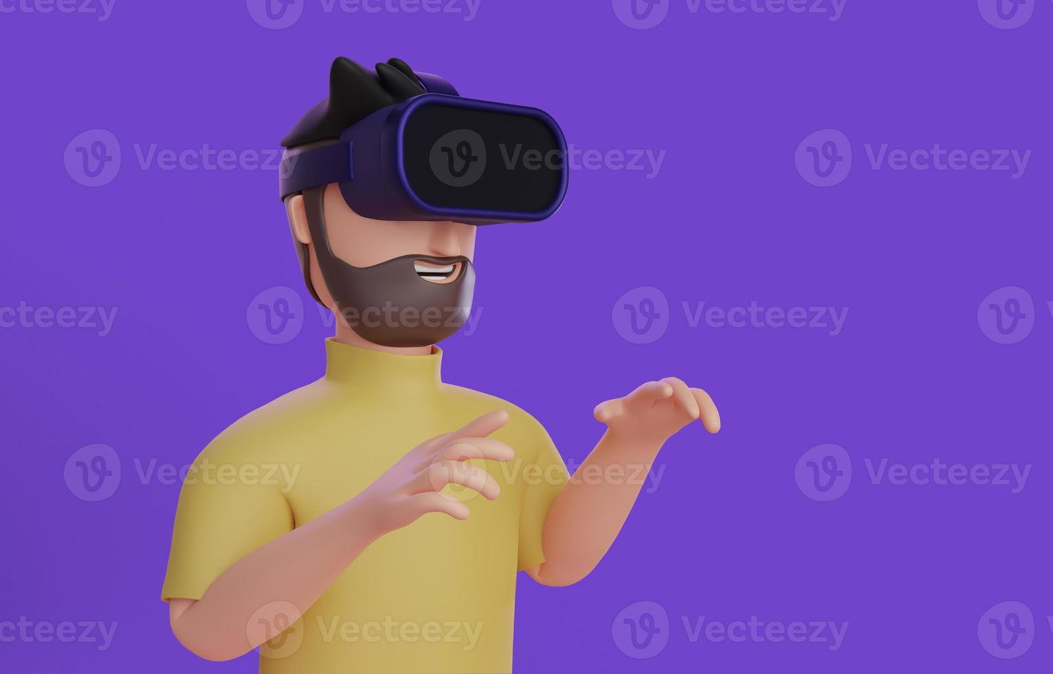 Close-up of a 3D cartoon character man with VR glasses concept of technology and gaming with clipping path. 3d render illustration. photo