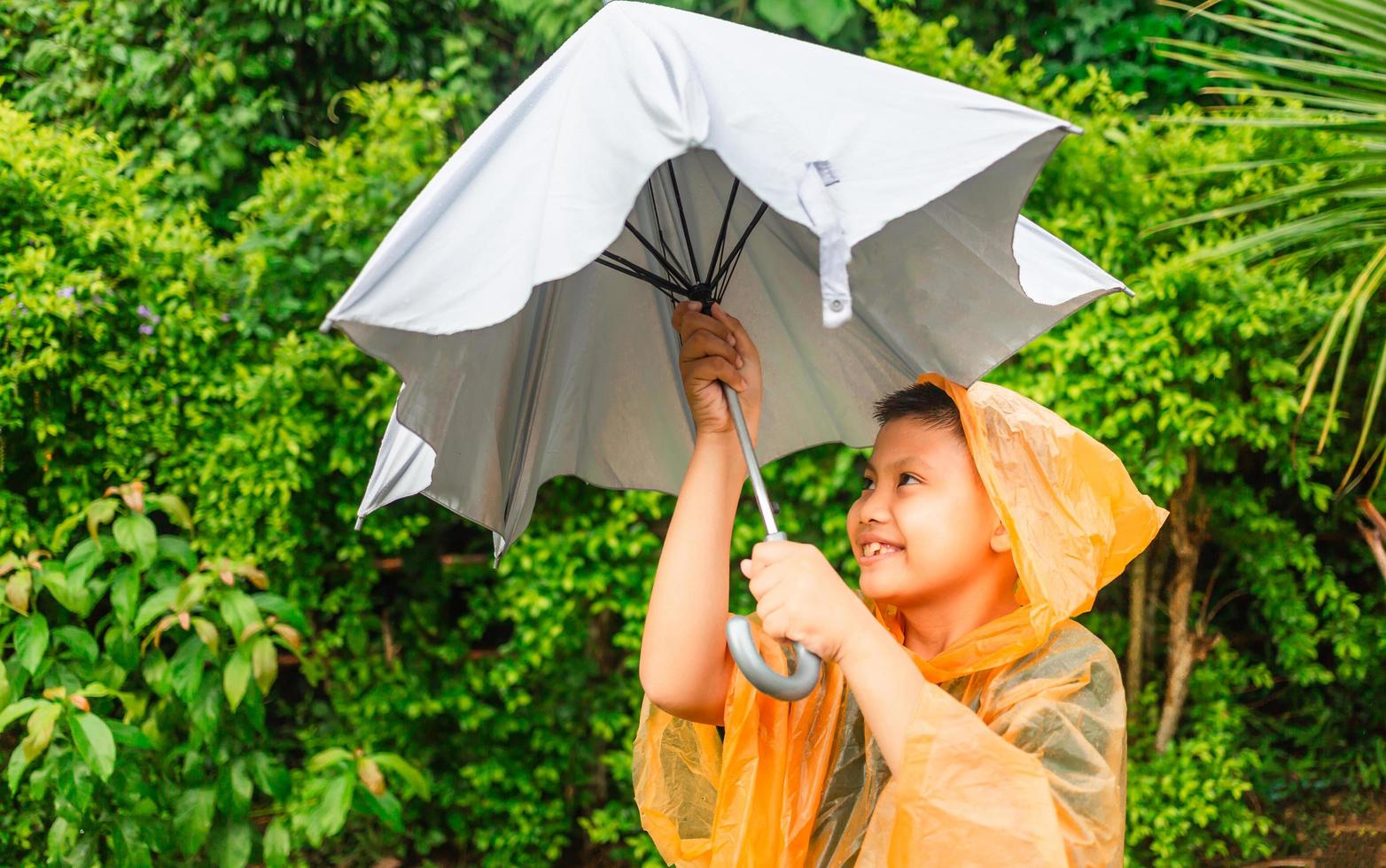 Asian boy puts on a raincoat and opens an umbrella on a rainy day. photo