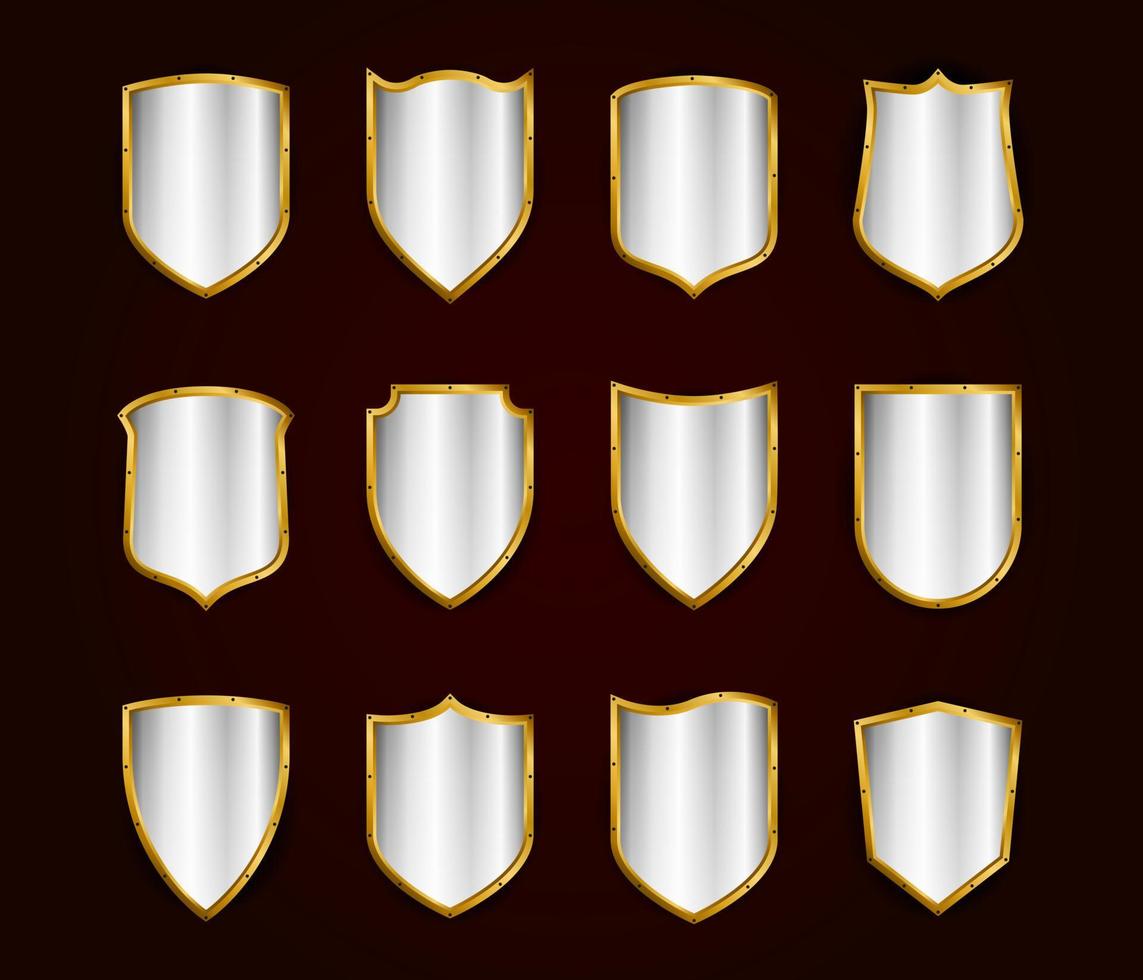 Golden realistic shields icon set. Protection vector symbol.