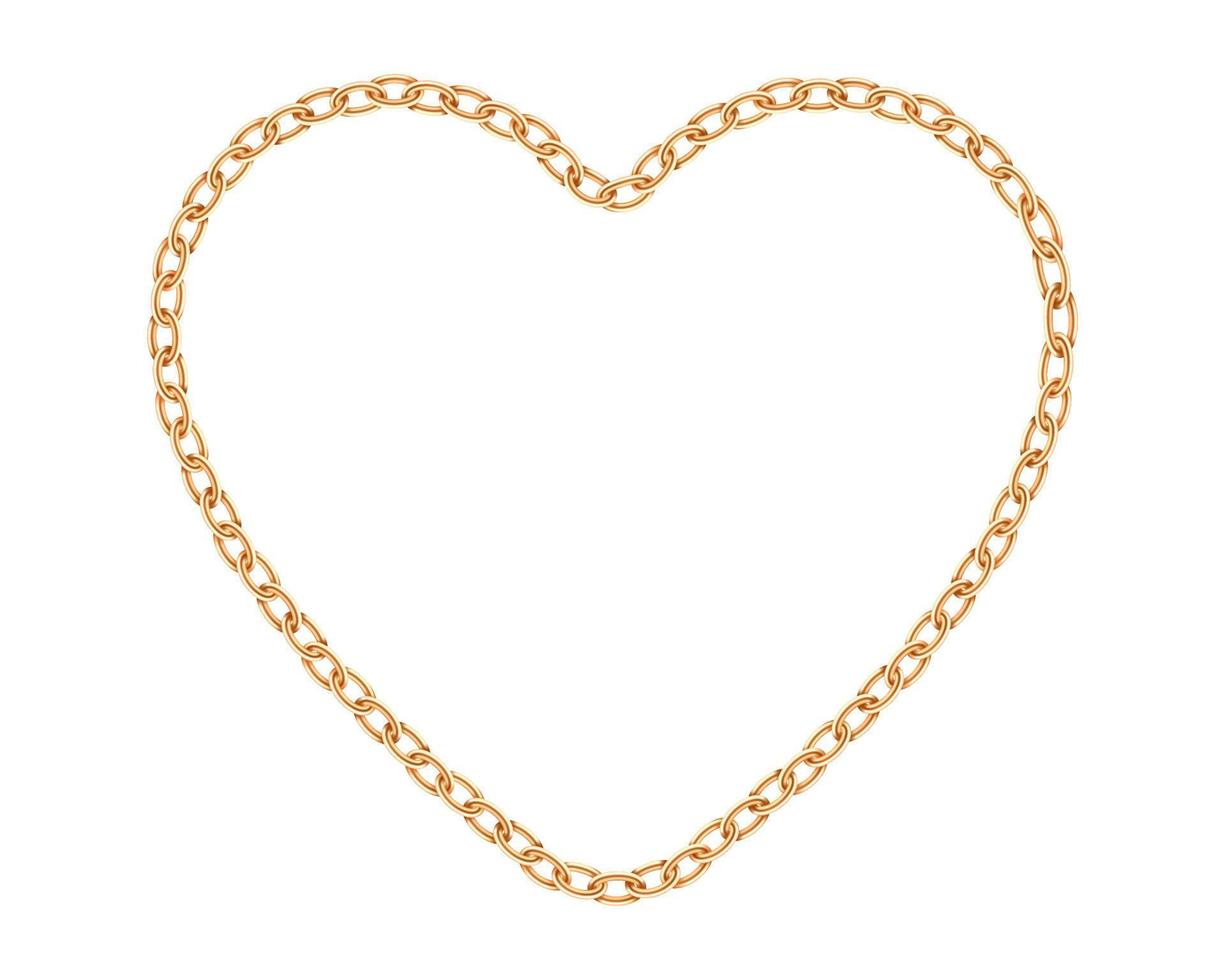 Realistic golden chain texture. Gold chains link heart isolated on white background. Love symbol jewelry chainlet three dimensional design element. vector