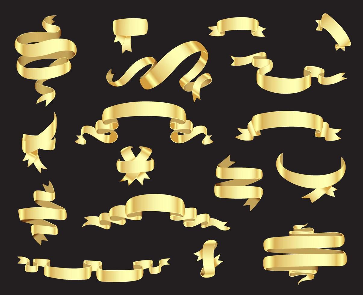 Gold ribbon banner vector isolated on black background. Christmas ribbons banners set.