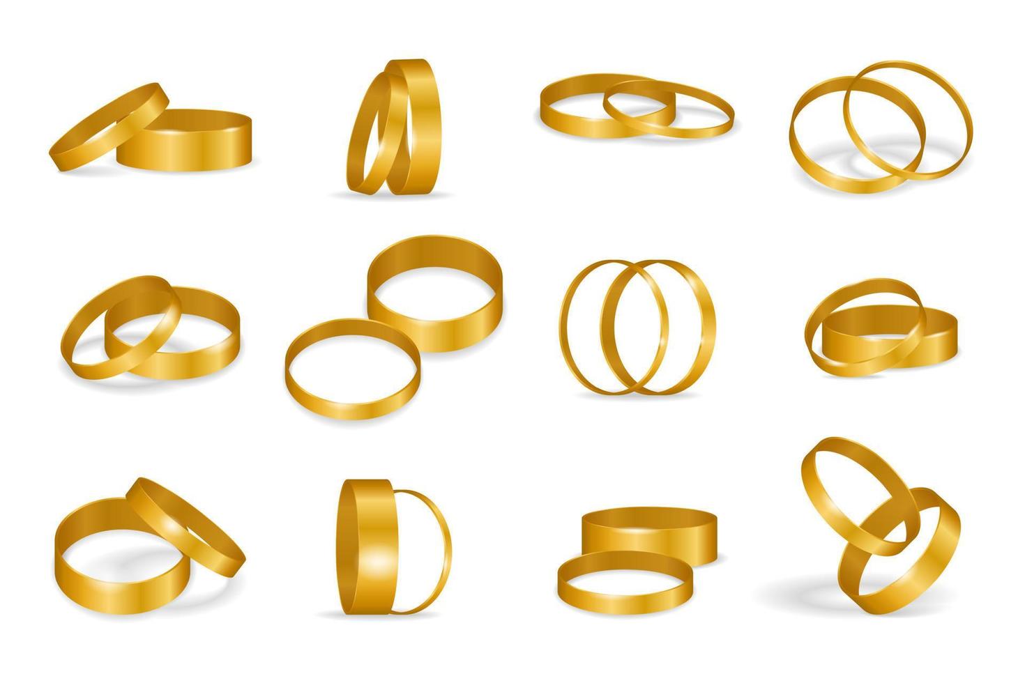 conjunto de anillos de boda dorados aislados en un fondo blanco. anillo de oro de diseño realista con sombras. elemento para tarjeta de felicitación. ilustración vectorial vector