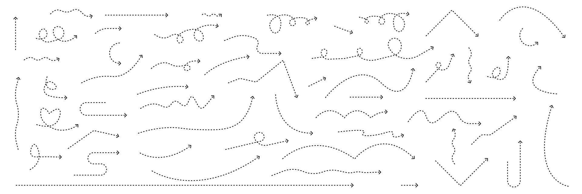 Dashed arrow set. Hand drawn doodle style. Vector illustration